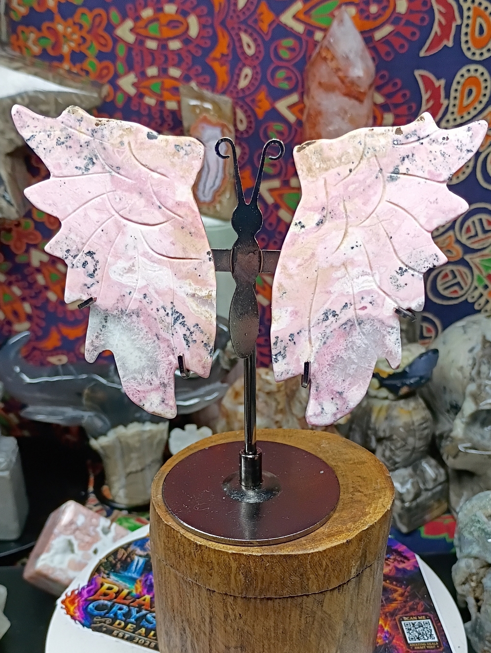 Peruvian Rhodonite Butterfly Wings Decor In Custom Stand